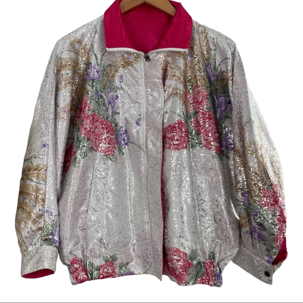 jfarah Vintage Pink Floral Metallic Reversible Bomber Jacket Medium